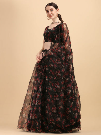 Awesome Printed Black Color Organza Lehenga Choli