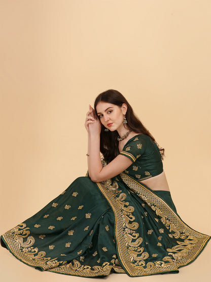 Attractive Bottle Green Color Embroidered Saree