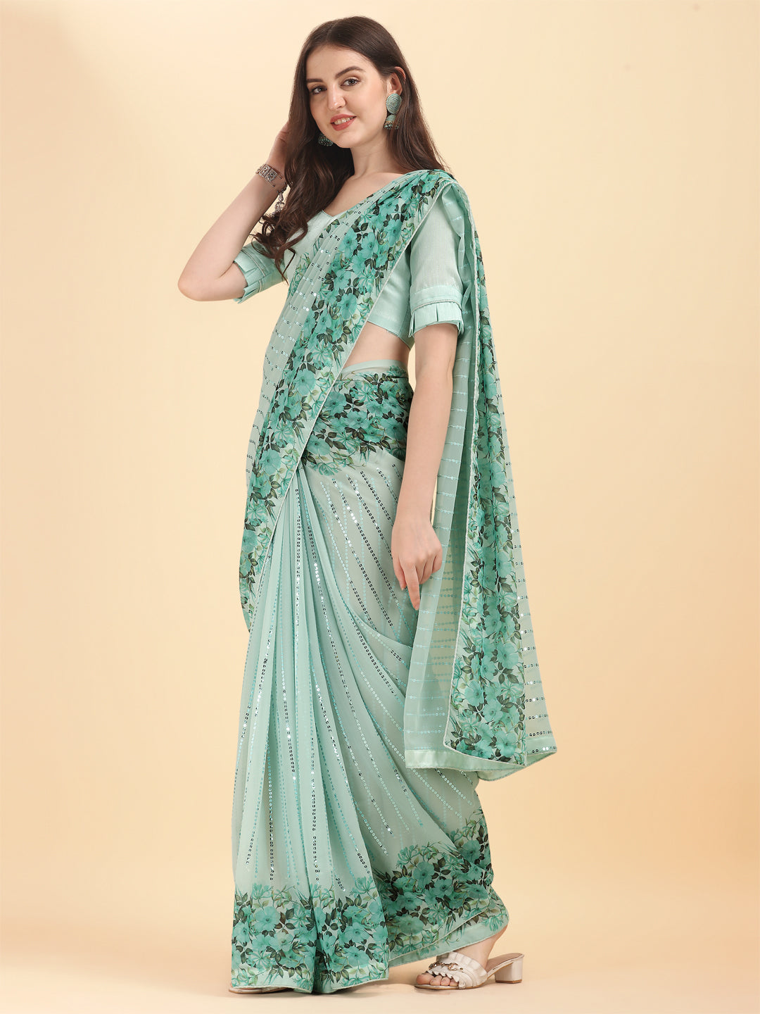 Glimmering Sequence Work Pista Color Saree