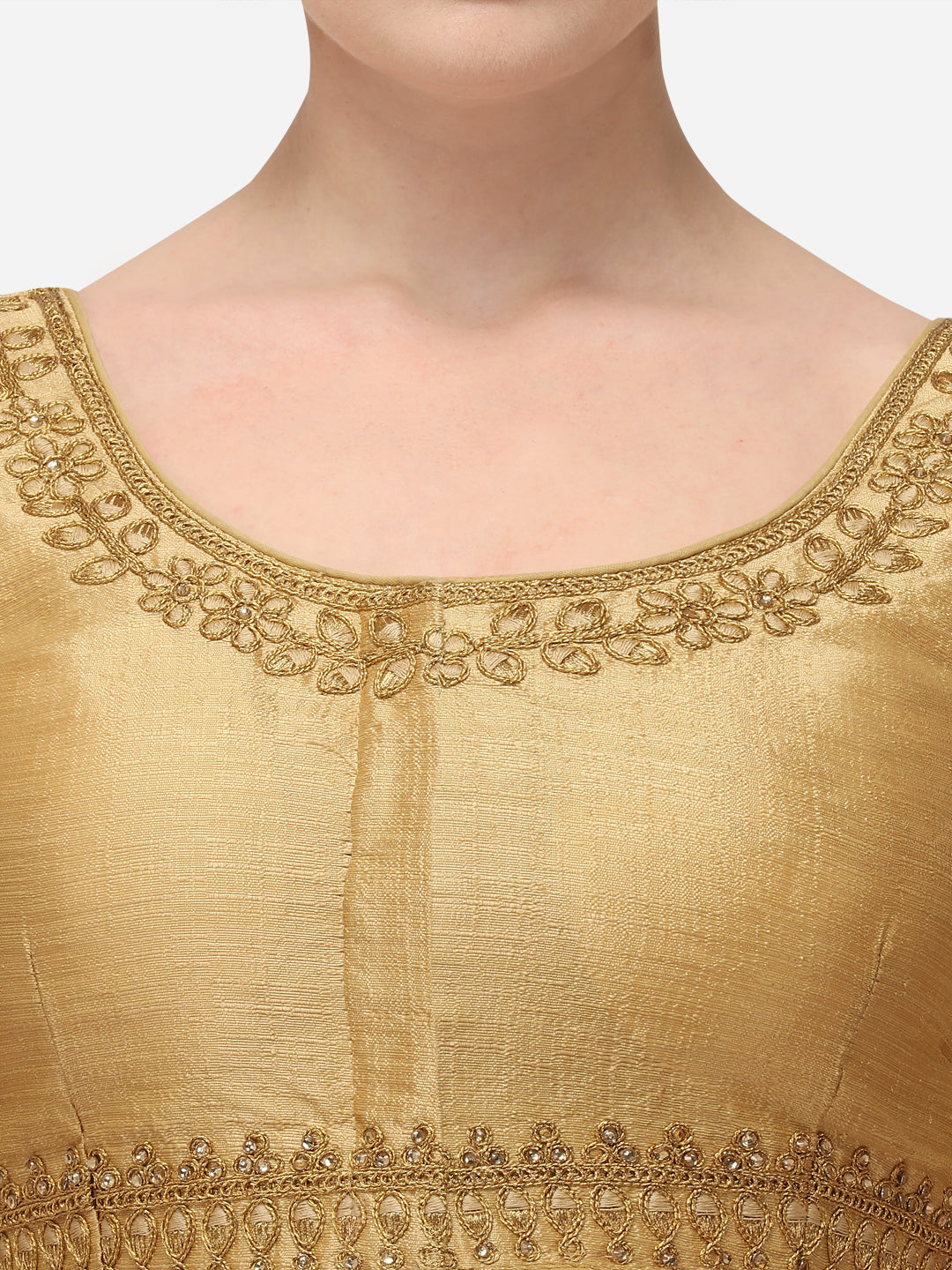 Beige & Gold-Coloured Embroidered Phantom Silk Blouse