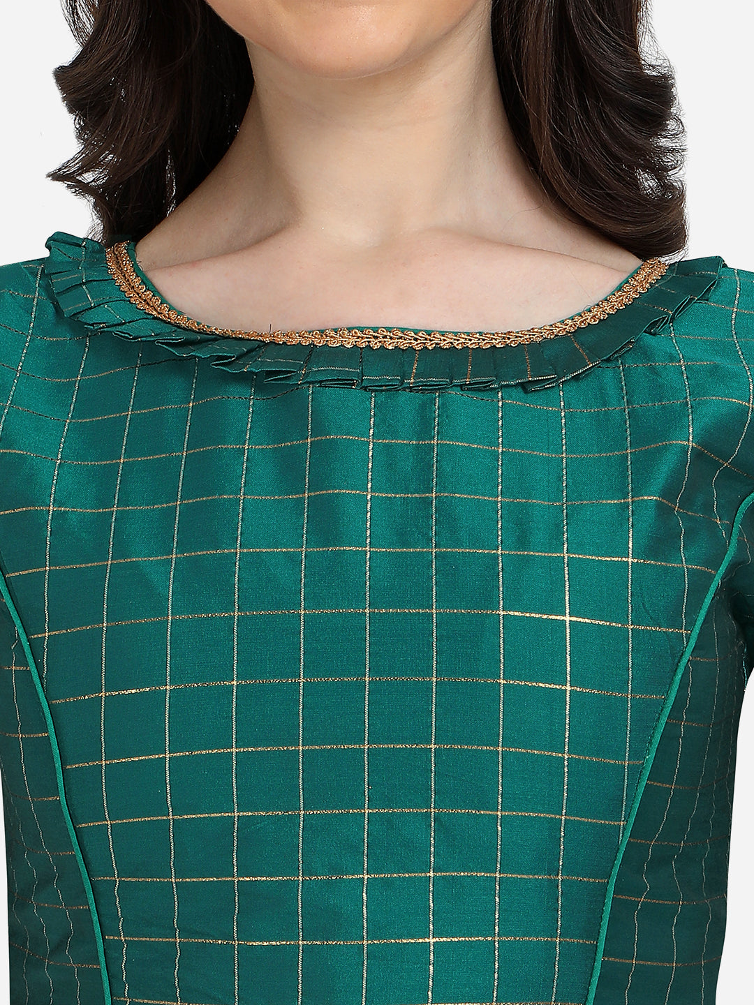 Trendy Green Color Jacquard Work Checkered Pattern Blouse