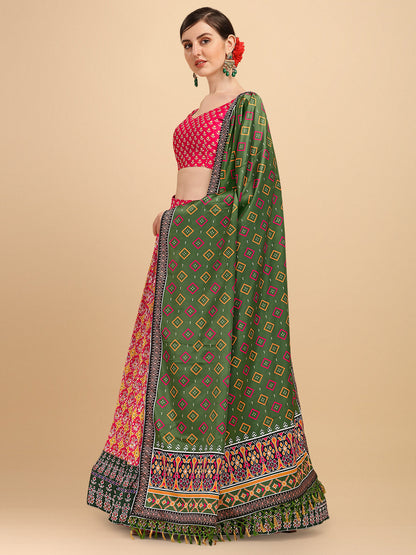 Digital Printed Pink & Olive Green Color Crushed Lehenga Choli