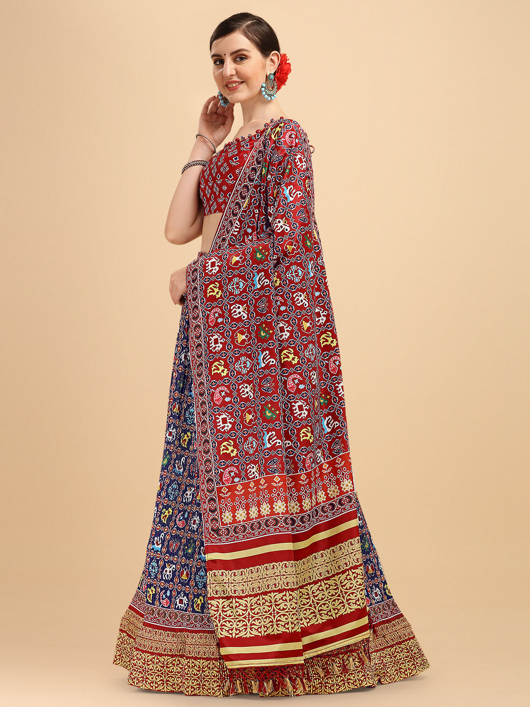 Awesome Navy Blue & Red Color Digital Printed Crushed Lehenga Choli