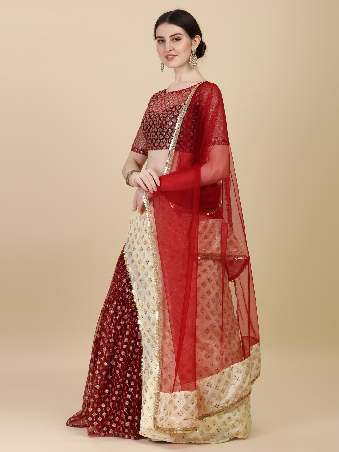 Unique Beige And Maroon Color Satin With Net Lehenga Choli