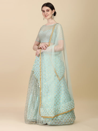 Unique Sky Blue Color Satin With Net Lehenga Choli