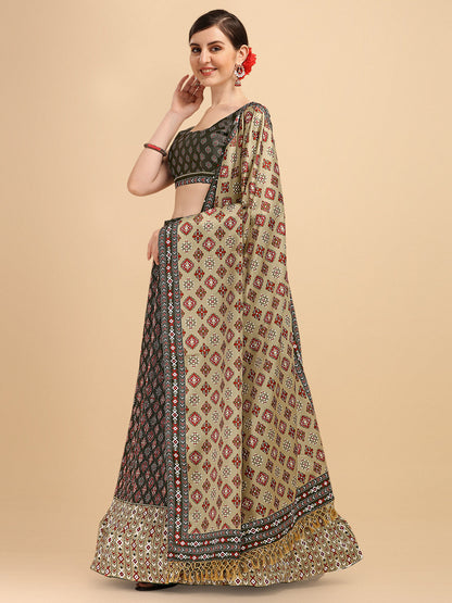 Digital Printed Black & Cream Color Crushed Lehenga Choli