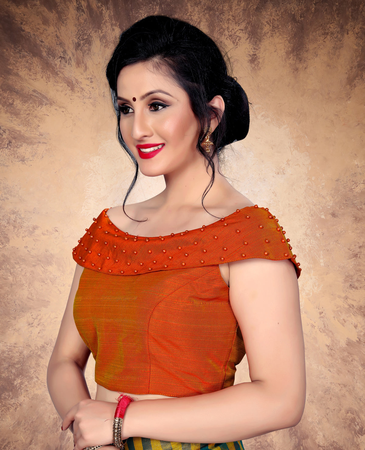 Trendy Orange Moti Work Stitched Malabari Silk Blouse