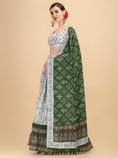 Digital Printed White & Green Color Crushed Lehenga Choli