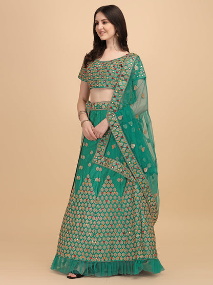 Mirror Embroidery Work Green Color Lehenga Choli