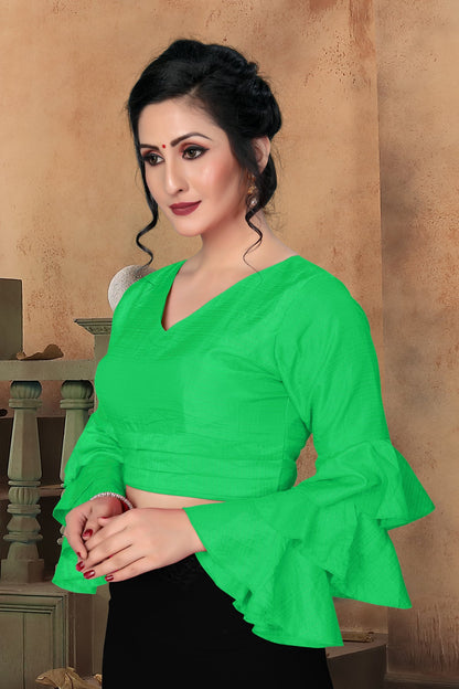 stylish Green color Plain V Neck Stitched Silk Blouse