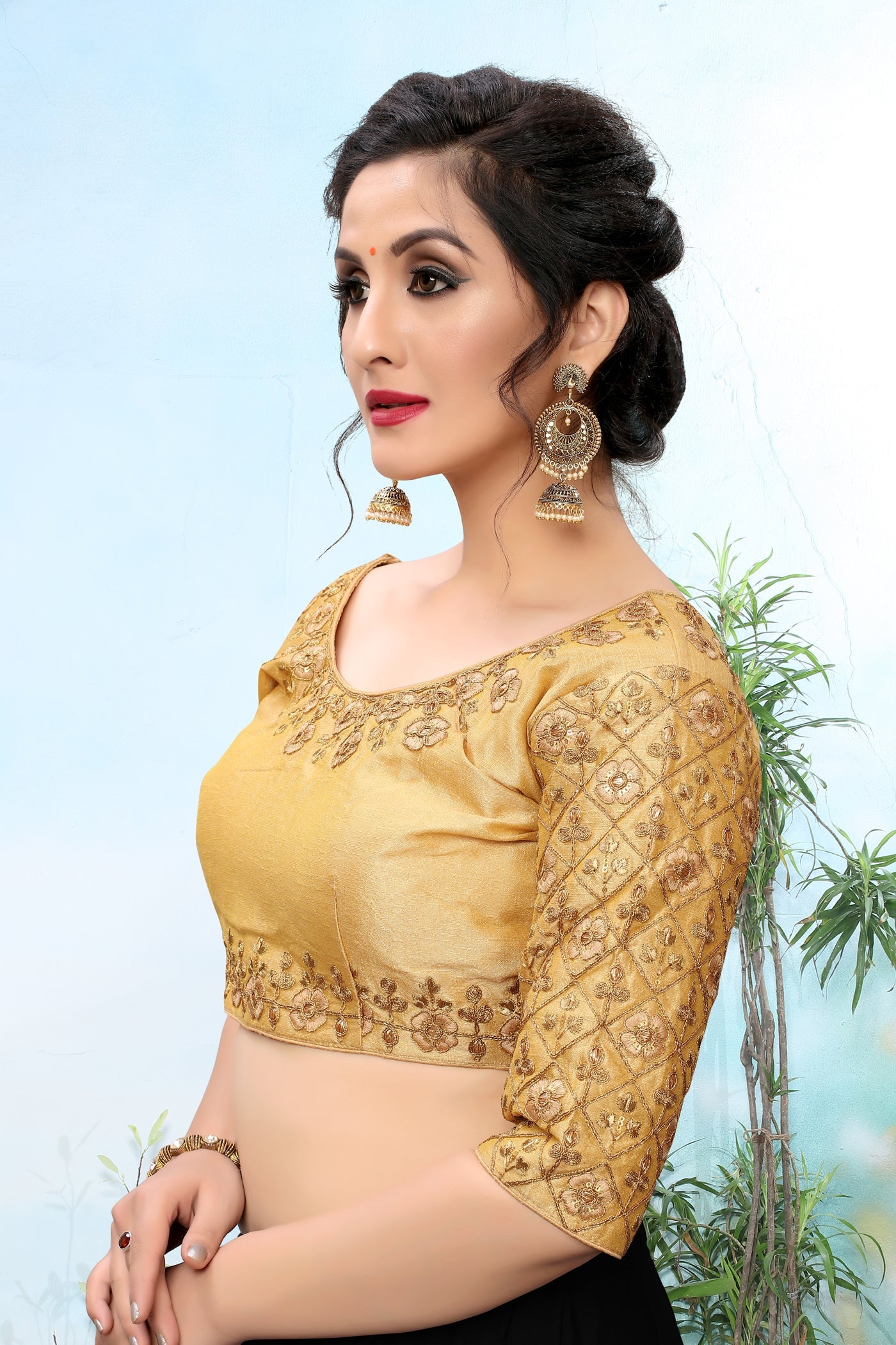 Glossy Beige Embroidered Heavy Work Stitched Blouse