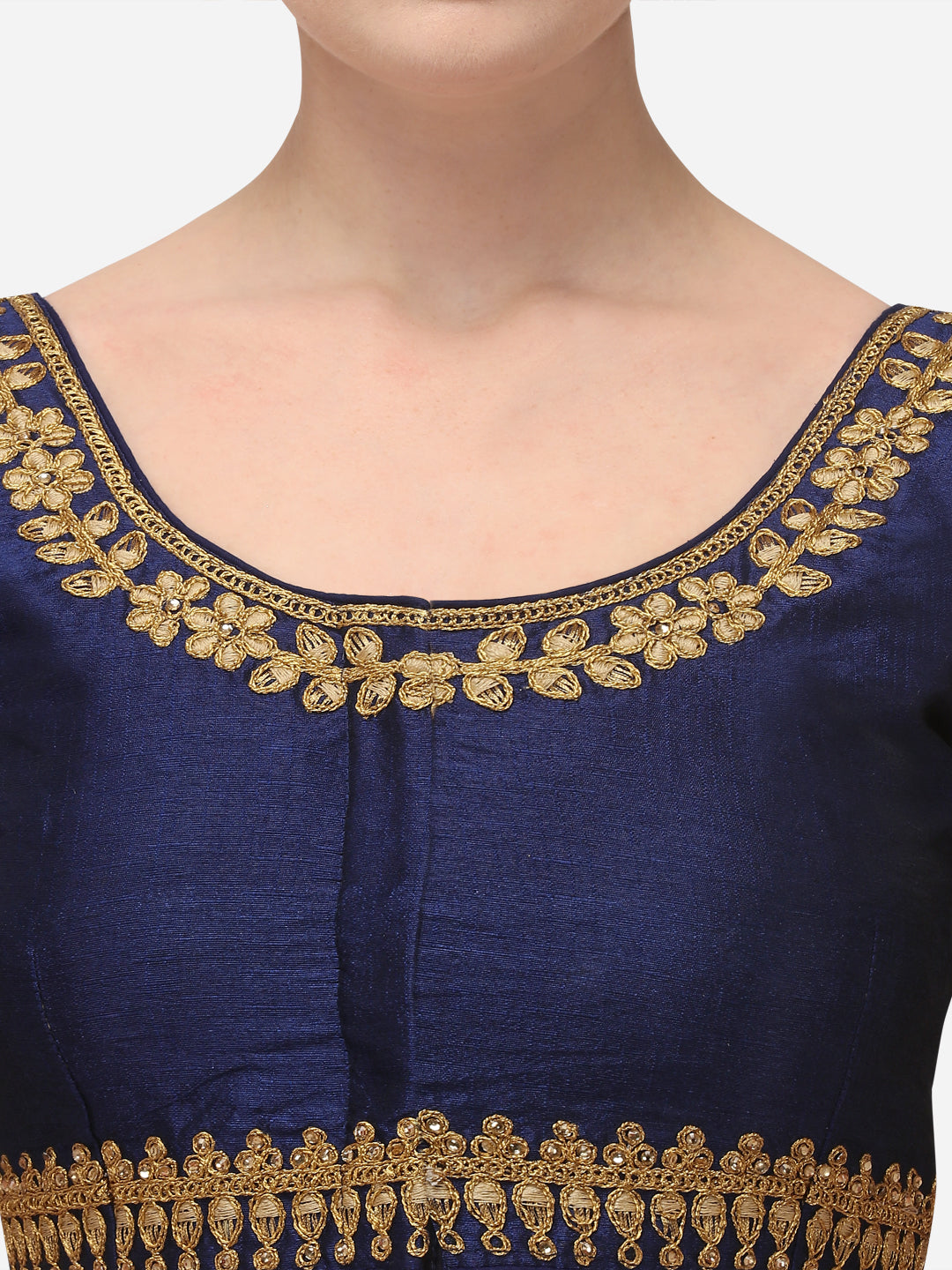 Navy Blue & Gold Color Embroidered Phantom Silk Blouse