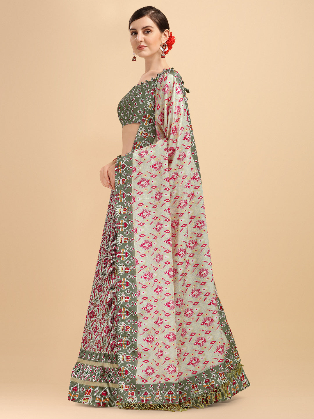 Digital Printed Light Green Color Crushed Lehenga Choli