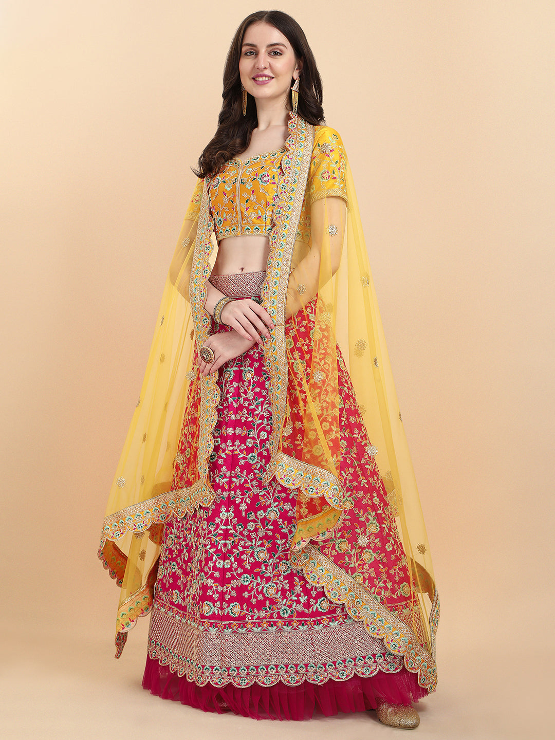 Presenting Pink And Yellow Color Embroidered Work Lehenga Choli