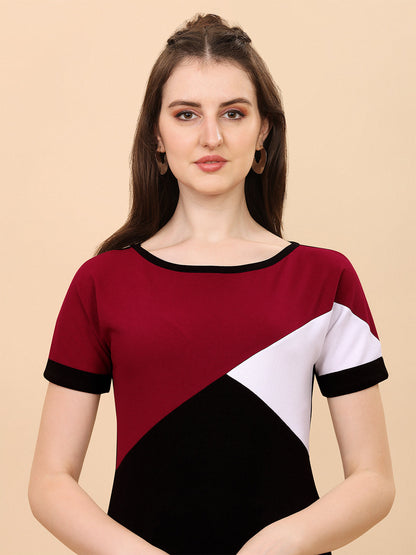 Round Neck Black And Maroon Regular Fit Top