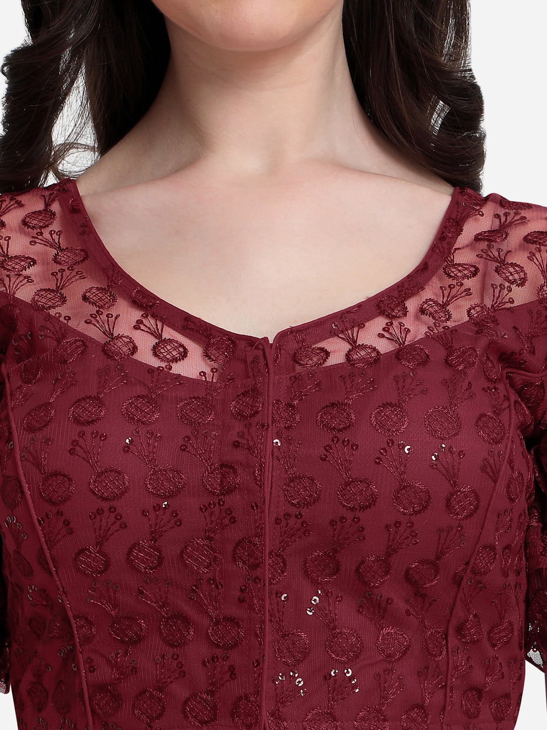 Gorgeous Maroon Color Sequence Work Ruffle Style Blouse