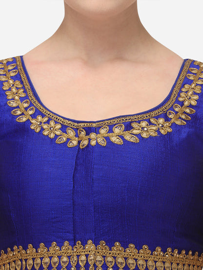 Blue & Gold Color Embroidered Phantom Silk Blouse