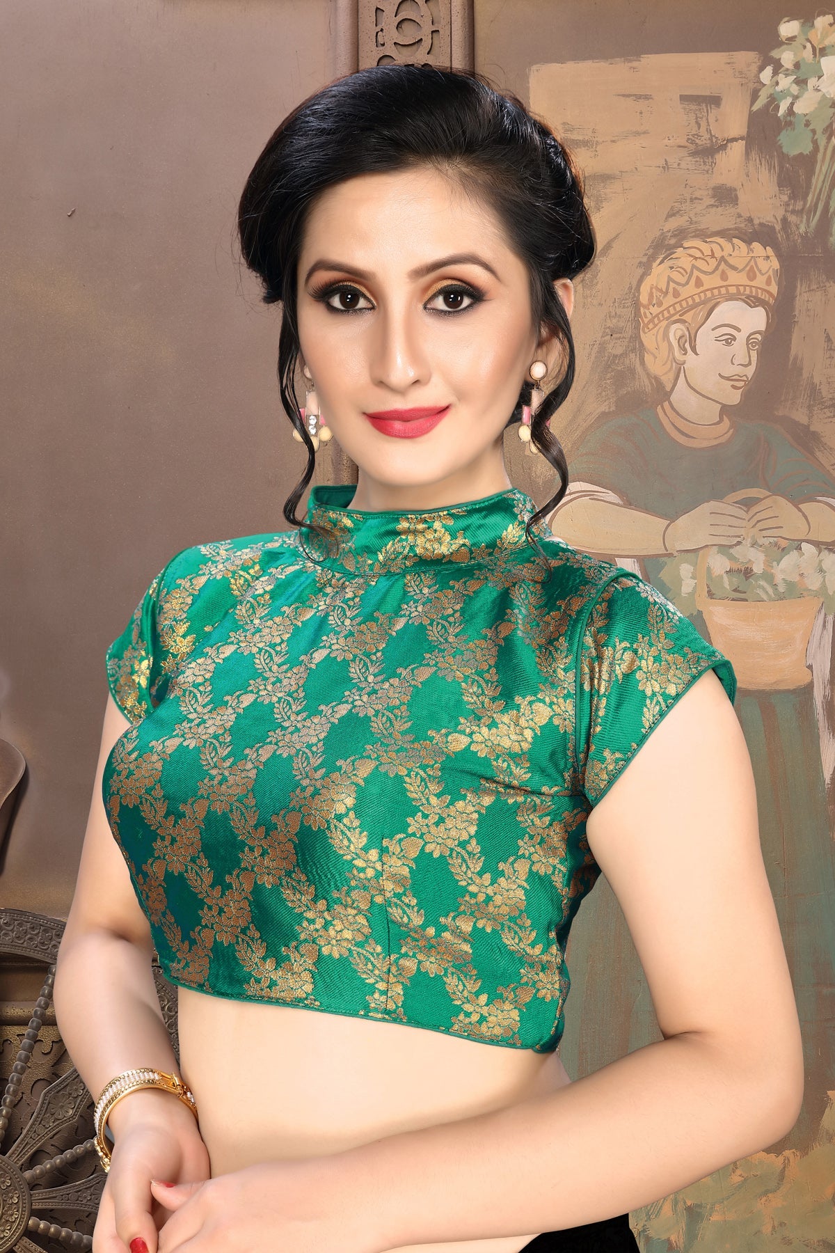 Fancy Green Color Jacquard Ready made Blouse