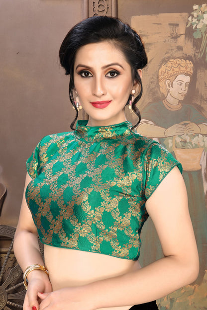 Fancy Green Color Jacquard Ready made Blouse