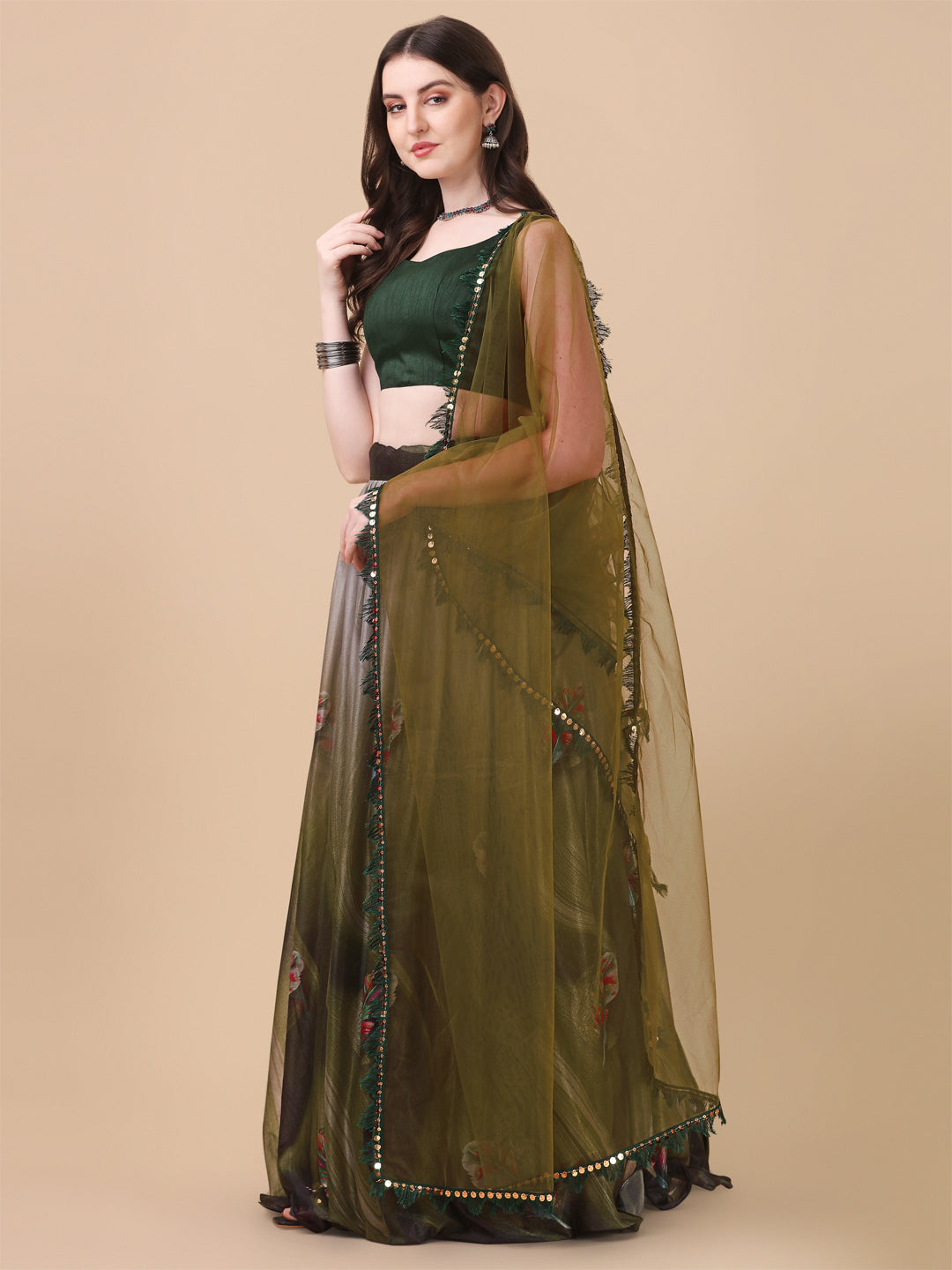 Stunning Green Color Printed Lycra Lehenga Choli