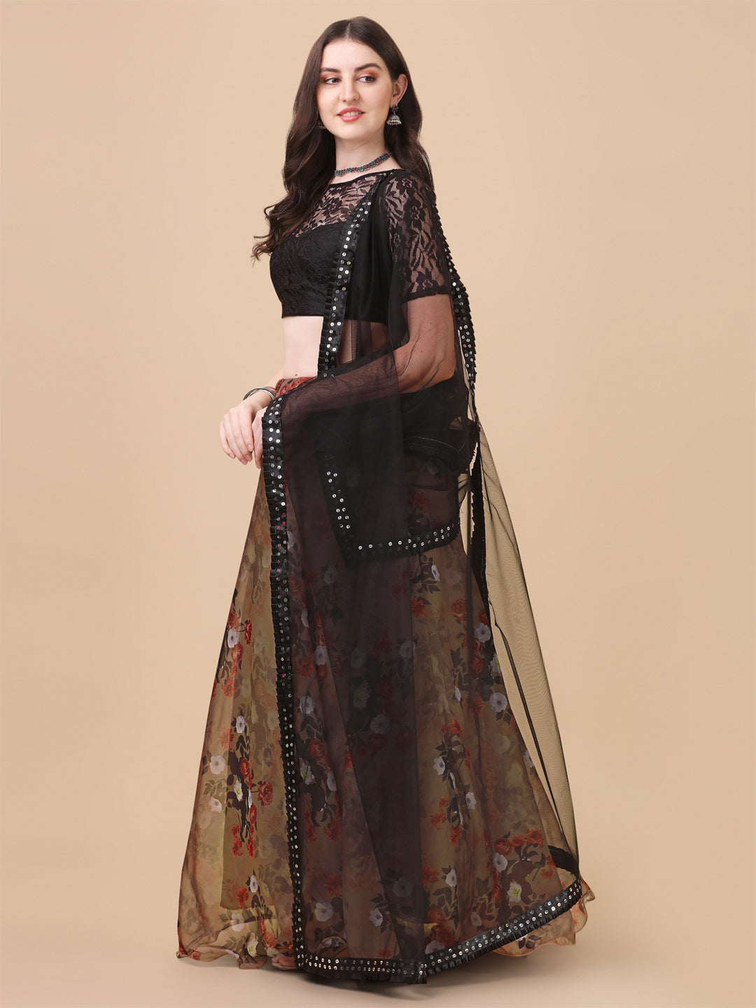 Flower Printed Brown Color Organza Lehenga Choli