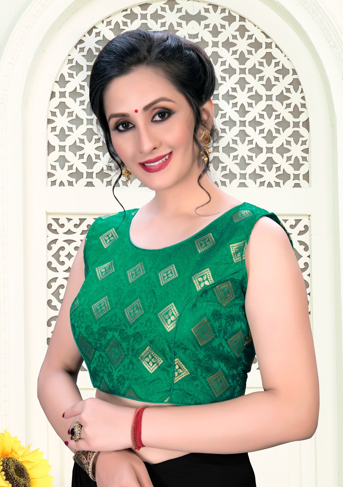 Fancy Elegant Green color Jacquard Round Neck Stitched Blouse