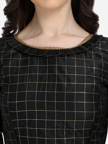 Trendy Black Color Jacquard Work Checkered Pattern Blouse