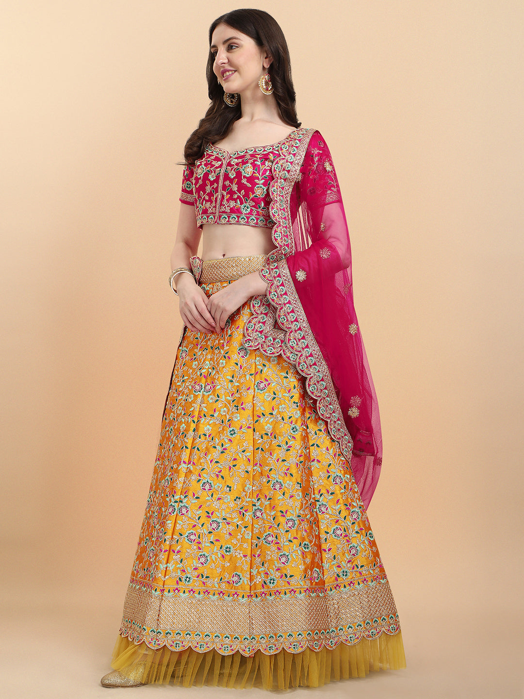 Stunning Yellow And Pink Color Embroidered Work Lehenga Choli