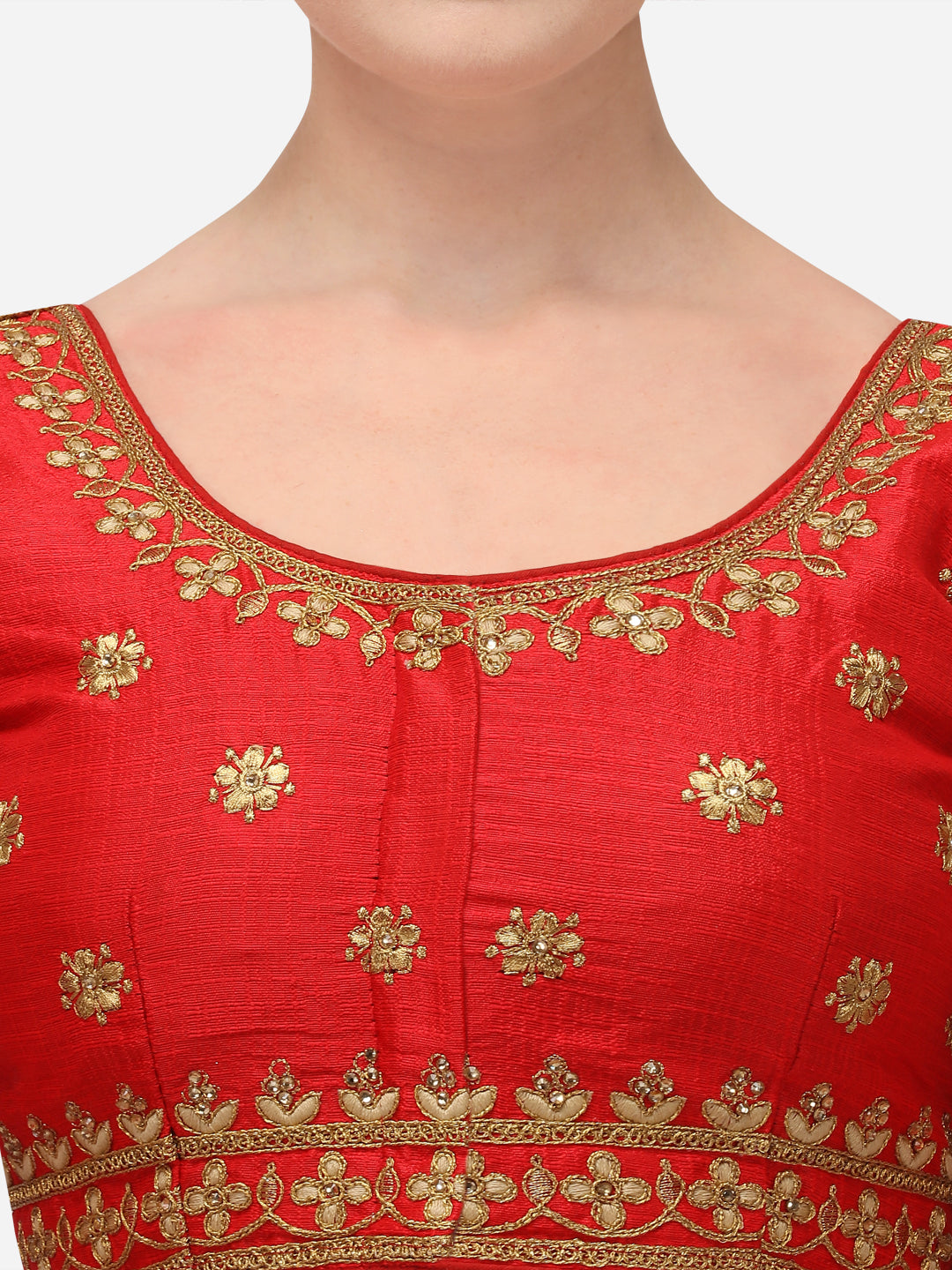 Red Color Round Neck Embroidery Work Silk Blouse