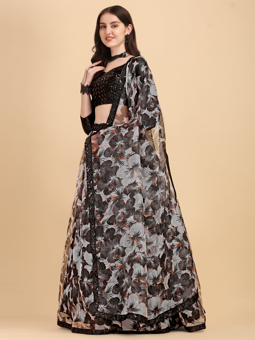 Black & White Color Printed Organza Stylish Lehenga Choli