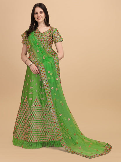 Mirror Embroidery Work Light Green Color Lehenga Choli