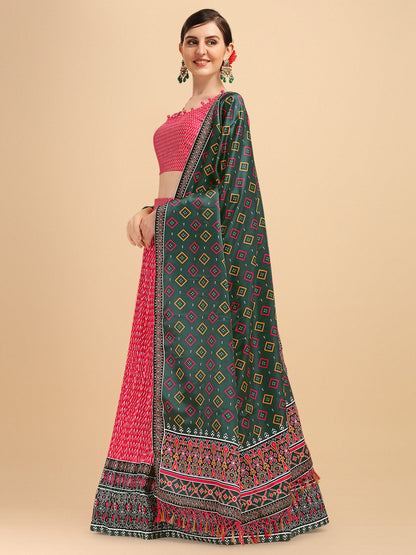 Digital Printed Pink & Dark Green Color Crushed Lehenga Choli