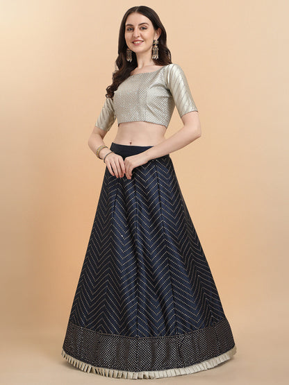 Party Wear Navy Blue Color Sequence Work Satin Silk Lehenga Choli