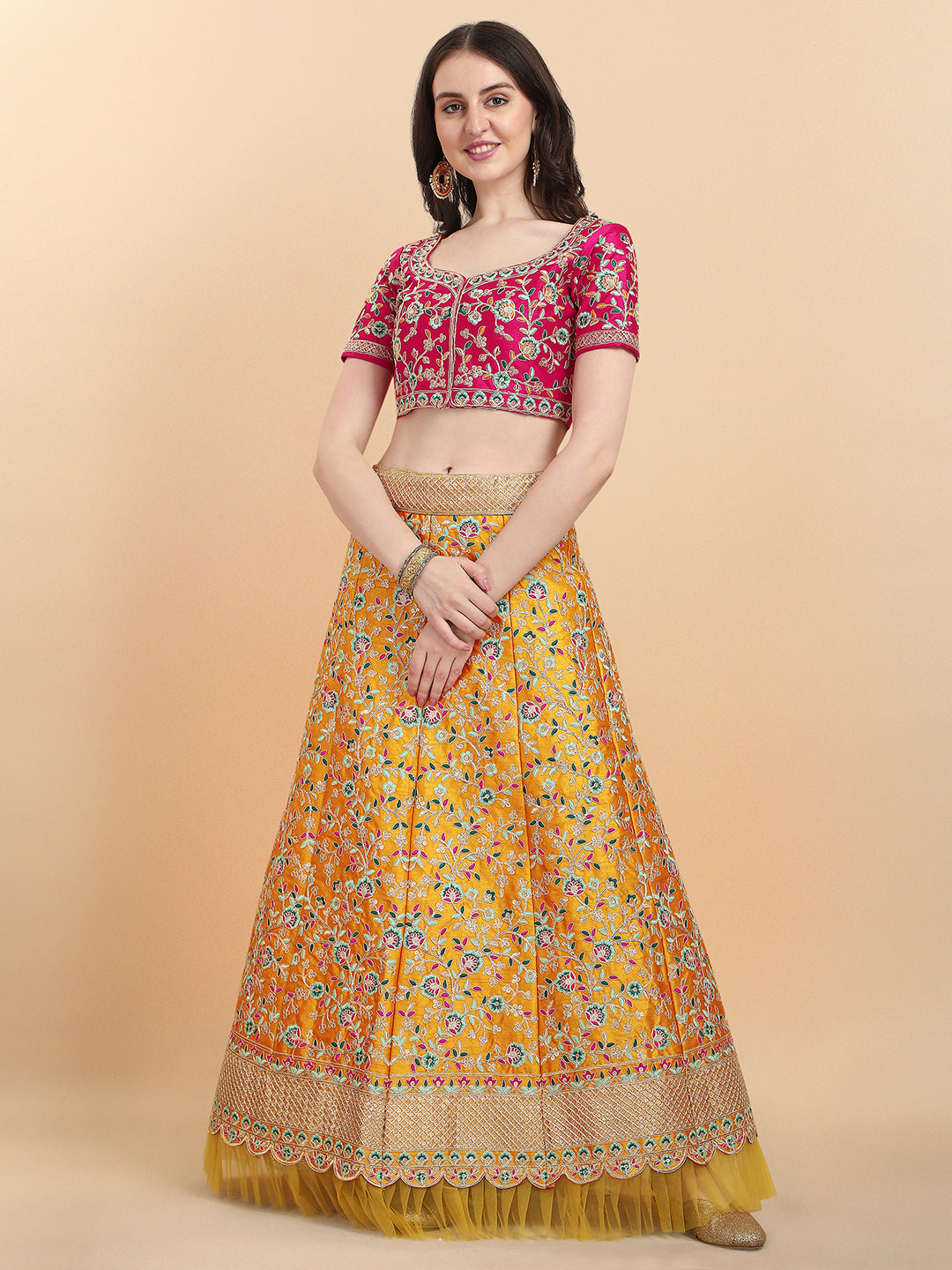 Stunning Yellow And Pink Color Embroidered Work Lehenga Choli