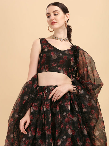 Awesome Printed Black Color Organza Lehenga Choli