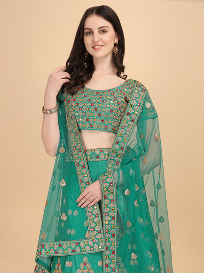 Mirror Embroidery Work Green Color Lehenga Choli