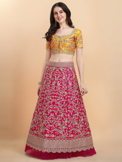 Presenting Pink And Yellow Color Embroidered Work Lehenga Choli