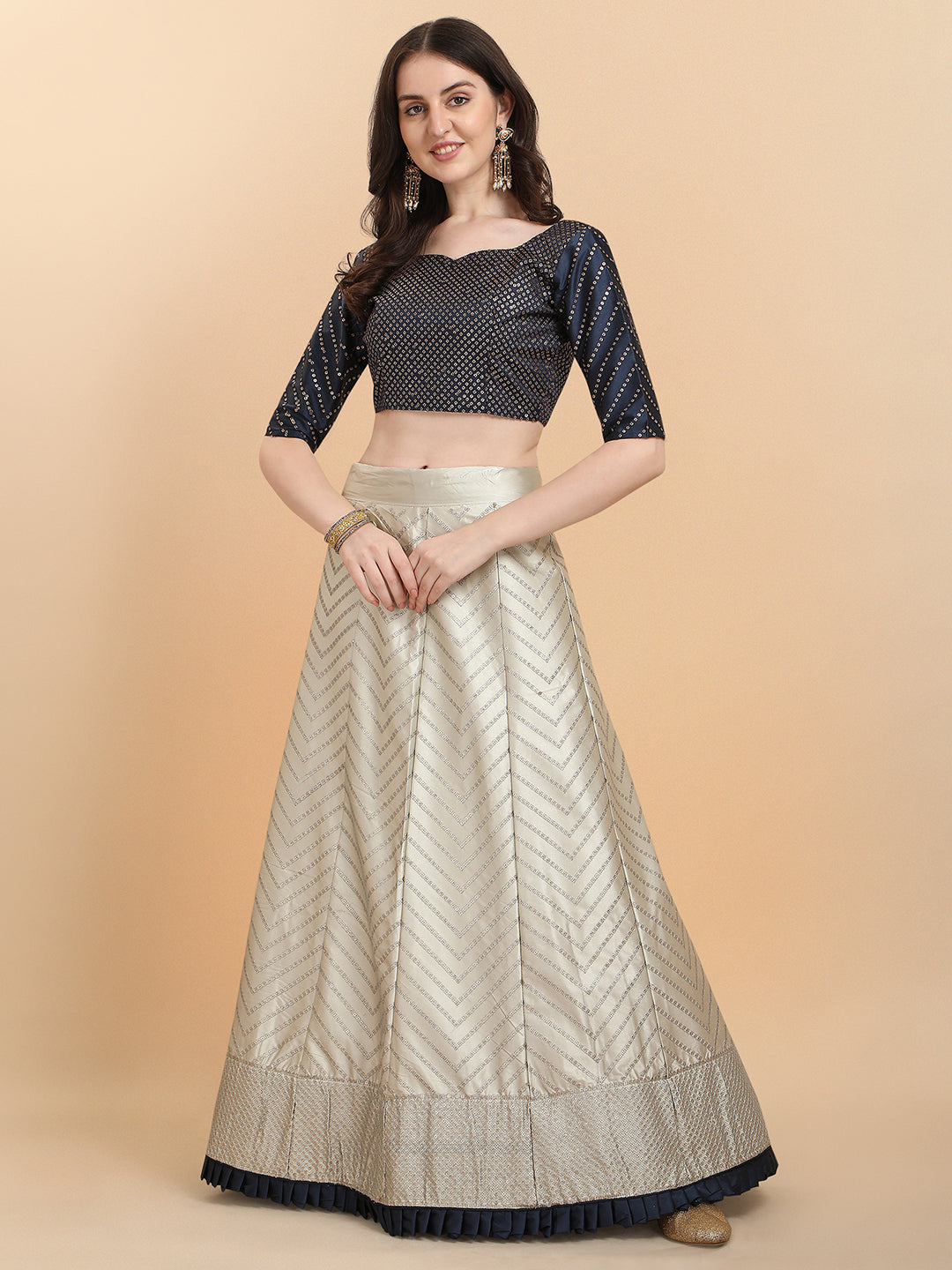 Party Wear Cream Color Sequence Work Satin Silk Lehenga Choli