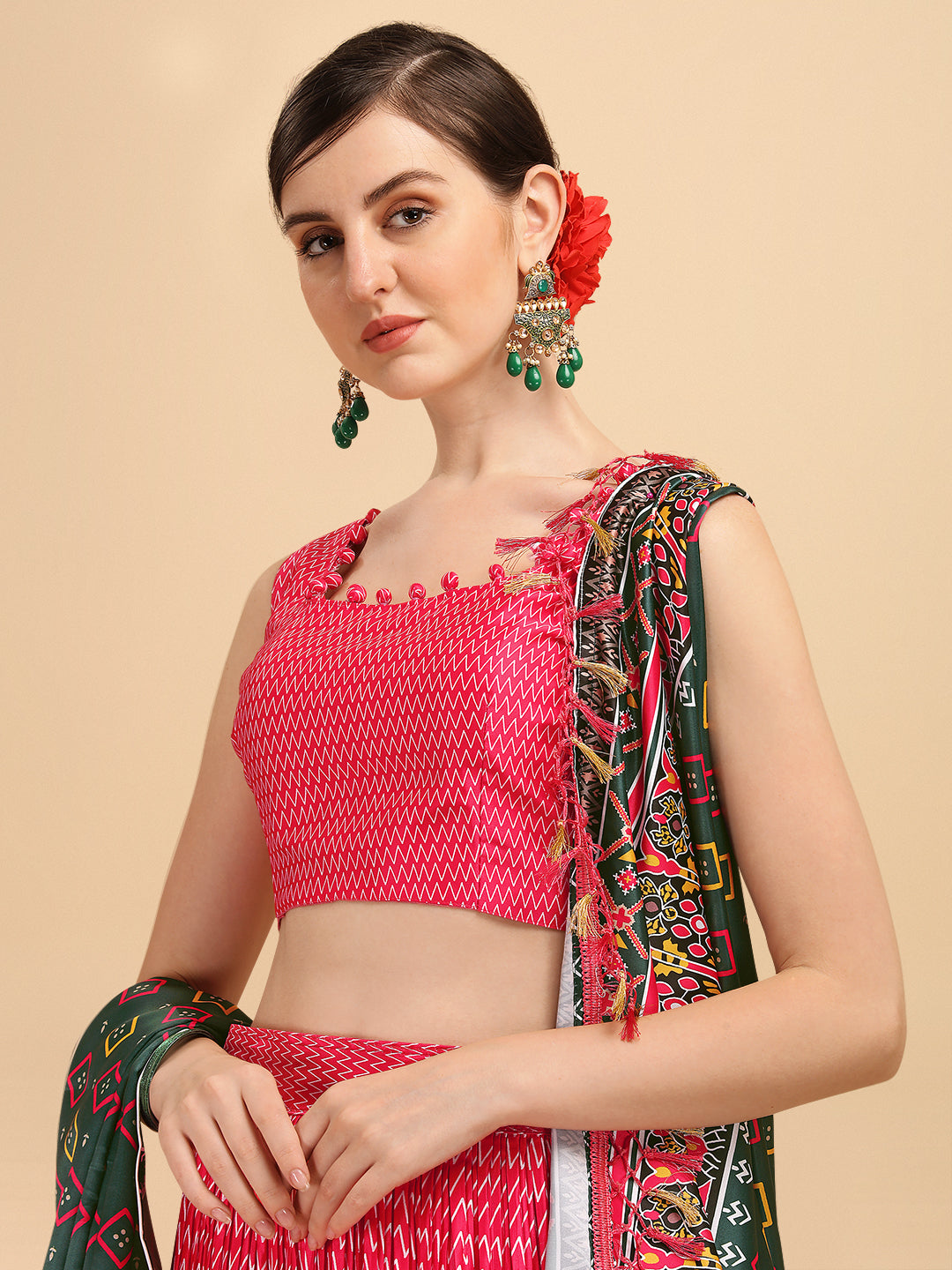 Digital Printed Pink & Dark Green Color Crushed Lehenga Choli