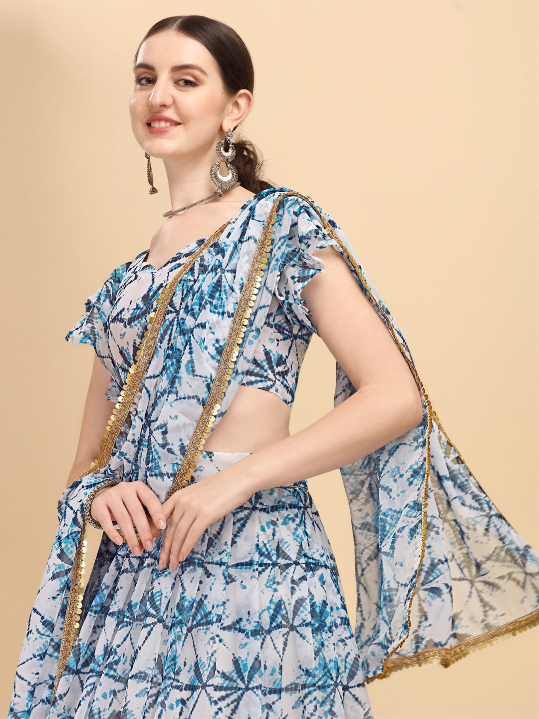 Shibori Print White With Blue Color Beautiful Lehenga Choli