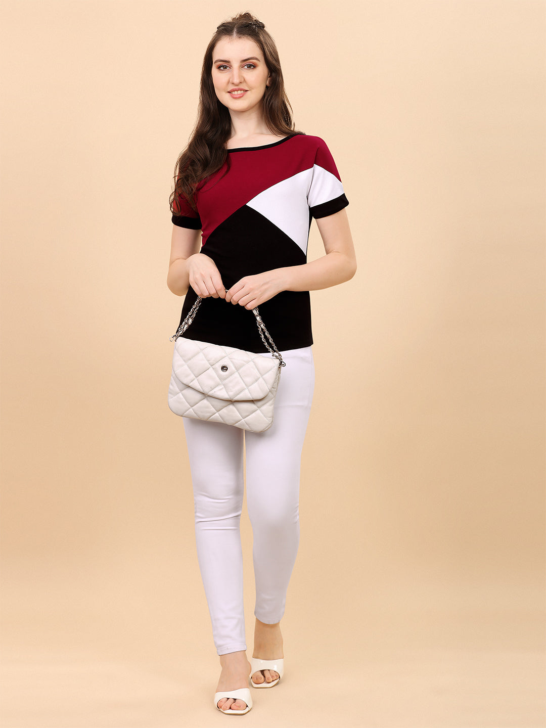 Round Neck Black And Maroon Regular Fit Top