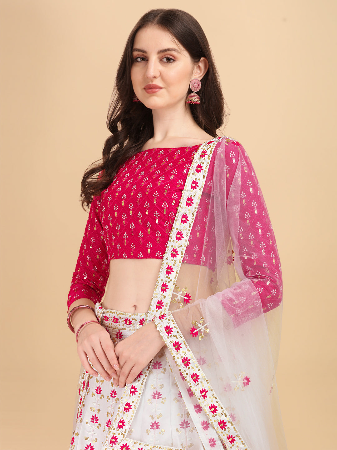 Outstanding Pink And White Work Lehenga Choli