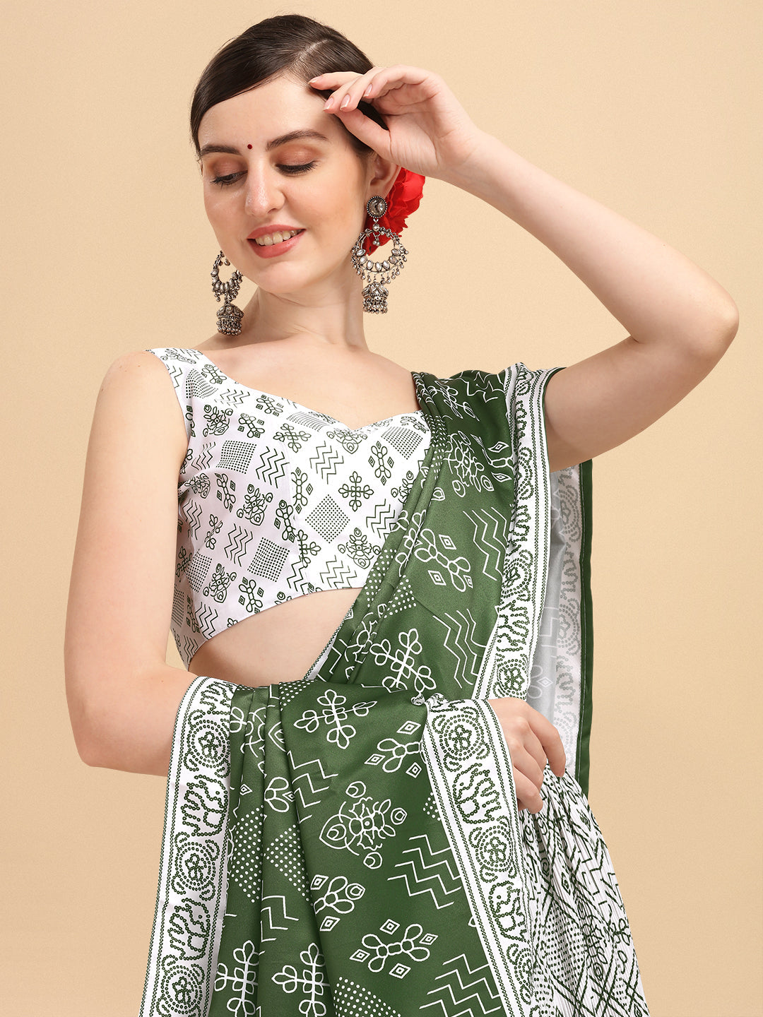 Digital Printed White & Green Color Crushed Lehenga Choli