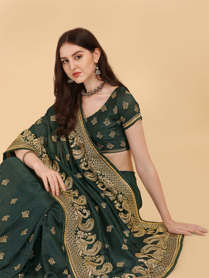 Attractive Bottle Green Color Embroidered Saree