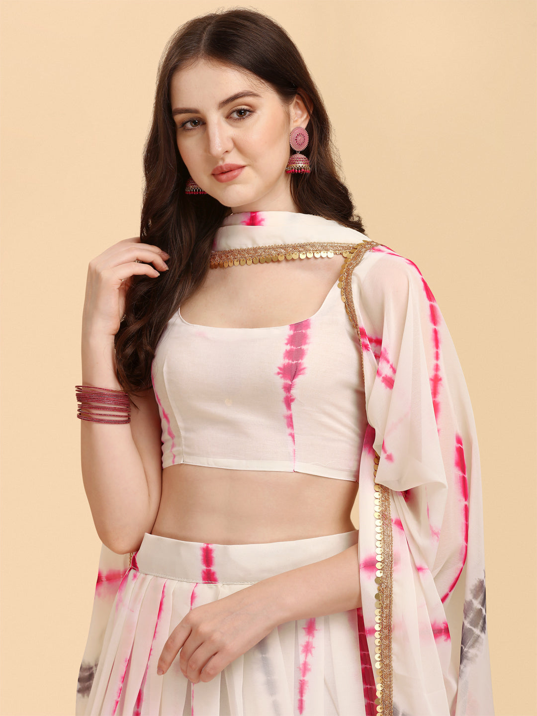 Beautiful Shibori Print White And Pink Color Lehenga Choli