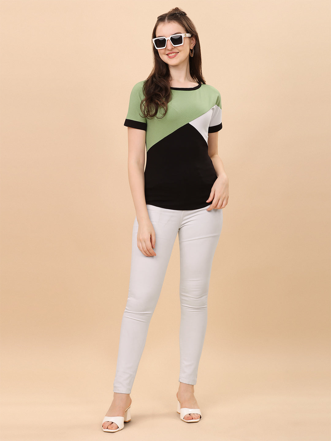 Round Neck Black And Pista Regular Fit Top