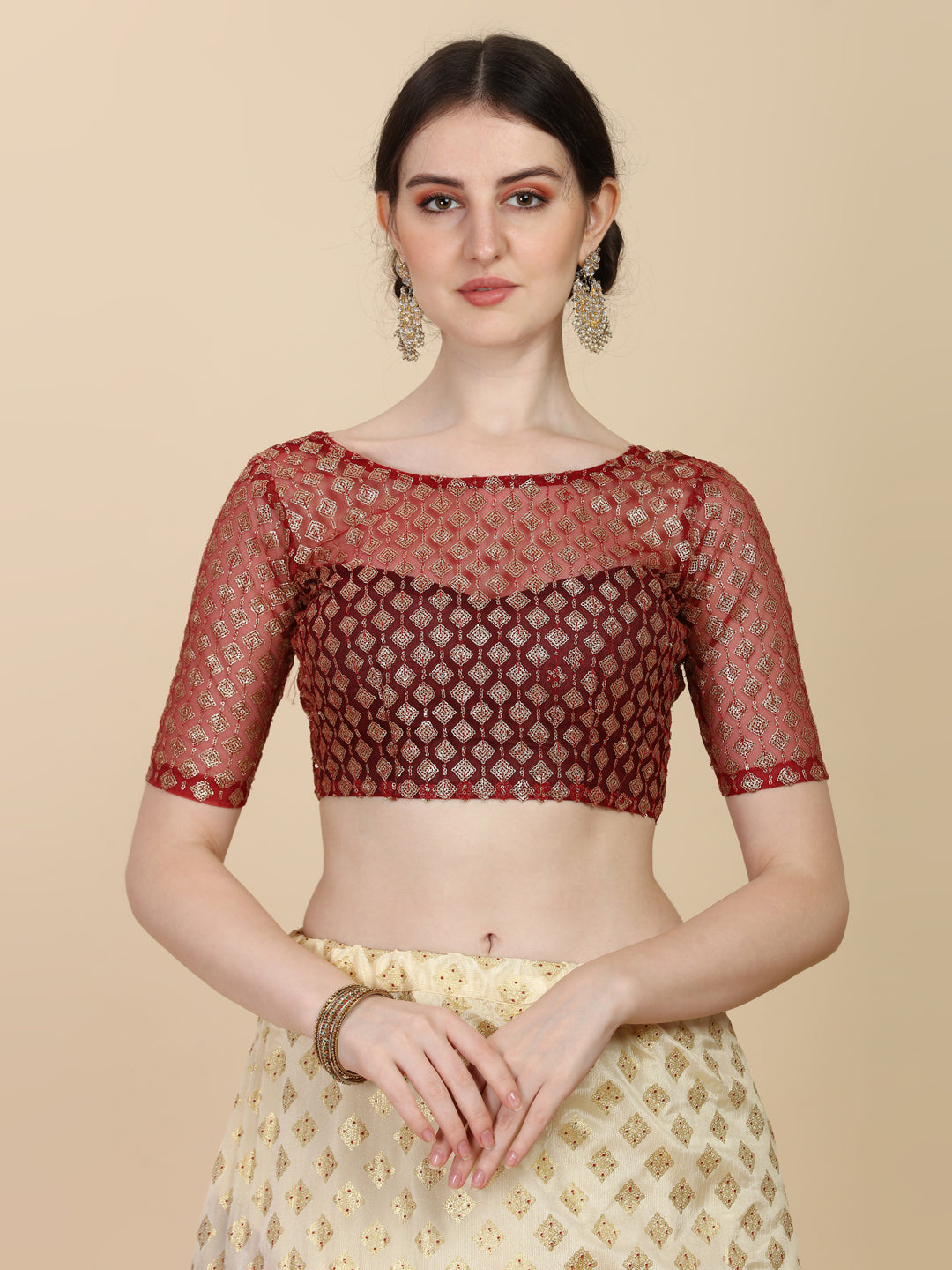 Unique Beige And Maroon Color Satin With Net Lehenga Choli