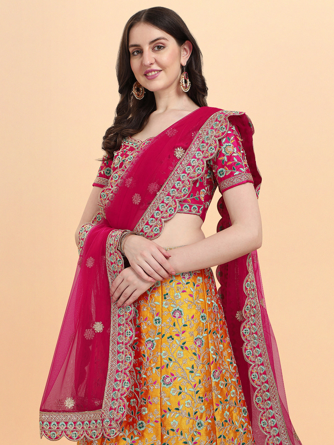 Stunning Yellow And Pink Color Embroidered Work Lehenga Choli