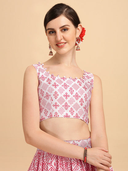 Digital Printed White & Pink Color Crushed Lehenga Choli