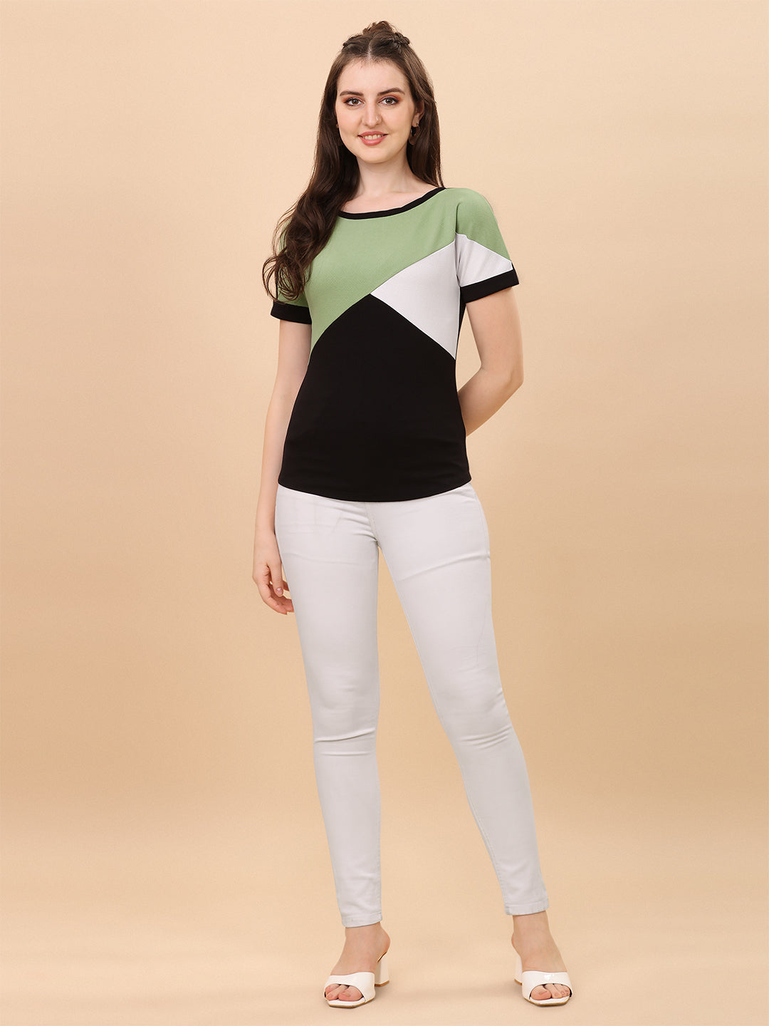 Round Neck Black And Pista Regular Fit Top